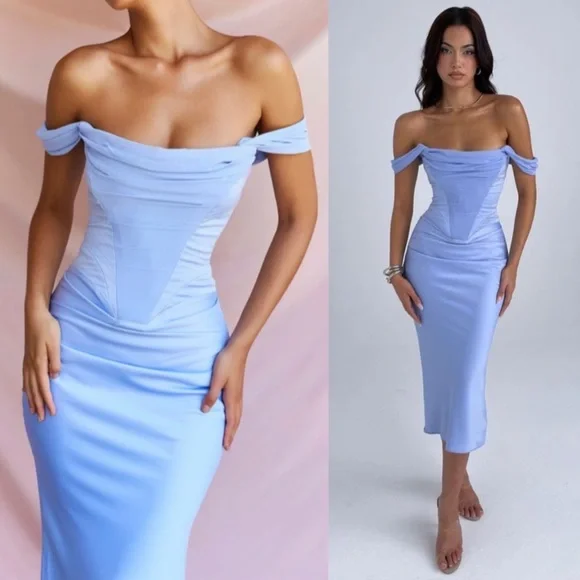 House of CB Natalya Sky Blue Satin Corset Midi Dress in Size XS NWT - Picture 4 of 17